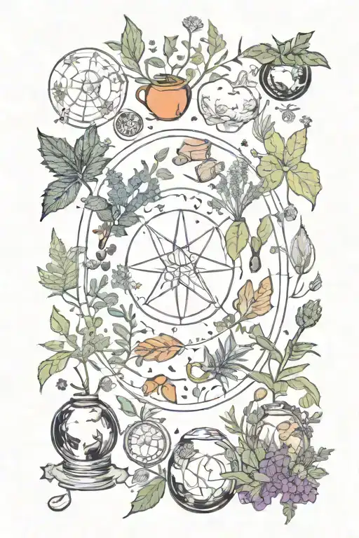Witchy imagery like tarot cards, crystals and herbs tattoo design idea