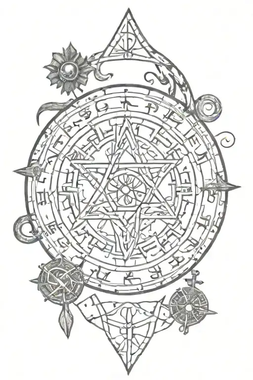 Pagan runes and witchy imagery tattoo design idea