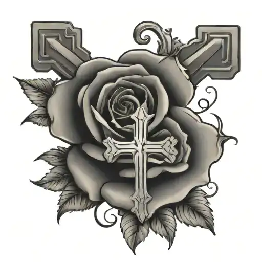 Christian cross and rose tattoo with number 17 and 25 as roman numerals tattoo design idea