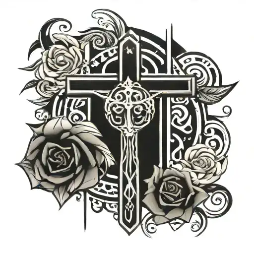 big crucifix and rose wrapped round tribal surrounding tattoo design idea