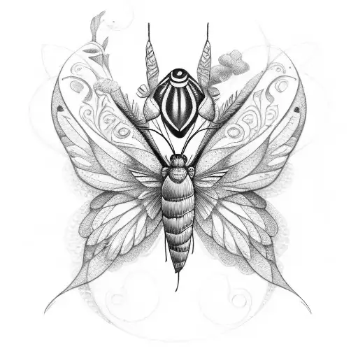 flowers shaped like a crescent with hummingbird moth tattoo design idea