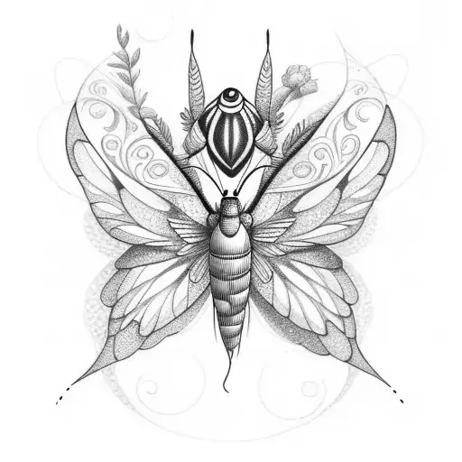 flower shaped like a crescent with hummingbird moth tattoo design idea