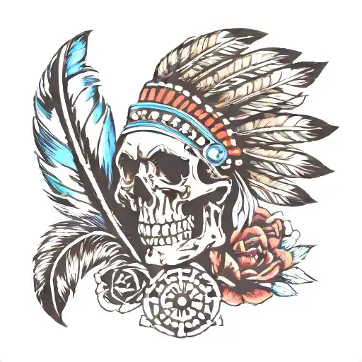indian feathers with skulls tattoo design idea