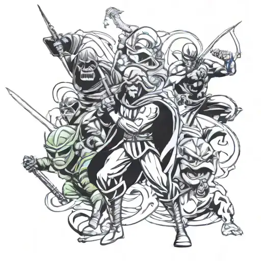 obi wan kenobi fighting darth vader, spiderman fighting the green goblin, mario fighting bowser, and link from zelda tattoo design idea