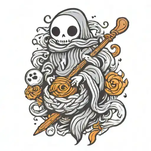 cartoon ghost knitting tattoo design idea
