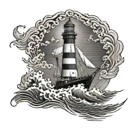 A ship sailing through stormy waves with a lighthouse in the background tattoo design idea