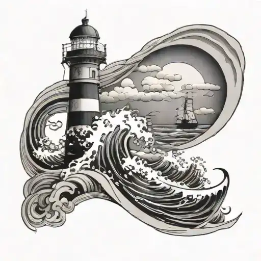 A ship sailing through stormy waves with a lighthouse in the background tattoo design idea