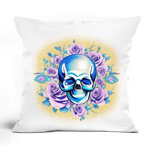 blue roses laying around a skull with gold filled cracks tattoo design idea