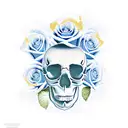 blue roses laying around a skull with gold filled cracks tattoo design idea