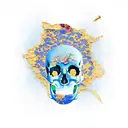 blue roses laying around a skull with gold filled cracks tattoo design idea