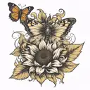A sunflower with a butterfly wrapped in cigarette smoke resting at the feet of the sunflower tattoo design idea
