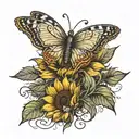 A sunflower with a butterfly wrapped in cigarette smoke resting at the feet of the sunflower tattoo design idea
