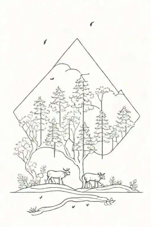 A mystical forest with hidden gems scattered among the trees and wildlife tattoo design idea