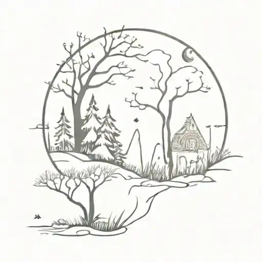 A mystical forest with hidden gems scattered among the trees and wildlife tattoo design idea