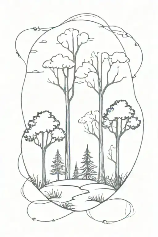 A mystical forest with hidden gems scattered among the trees and wildlife tattoo design idea