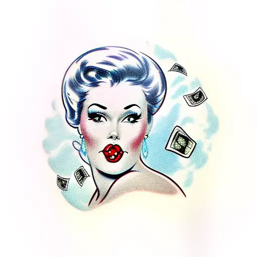 pin up face with money fan tattoo design idea