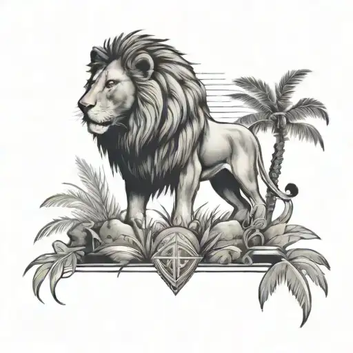 lion, treasure chest, spear, ray of light, palm tree tattoo design idea
