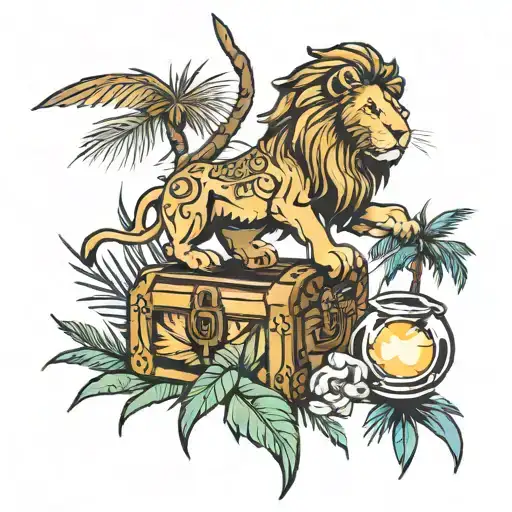lion, spear, ray of light, palm tree, treasure chest tattoo design idea