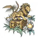 lion, spear, ray of light, palm tree, treasure chest tattoo design idea