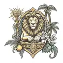 lion, spear, ray of light, palm tree, treasure chest tattoo design idea