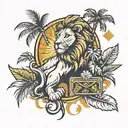 lion, spear, ray of light, palm tree, treasure chest tattoo design idea