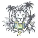 lion, spear, ray of light, palm tree, treasure chest tattoo design idea