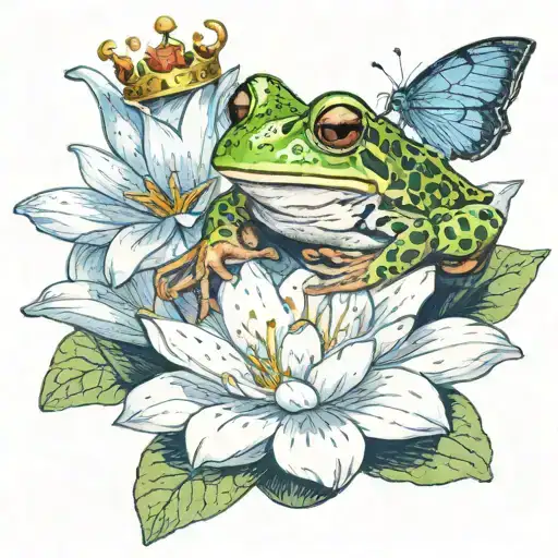 an frog wearing a crown sitting on a flower lily pad with a blue butterfly on the frogs nose tattoo design idea