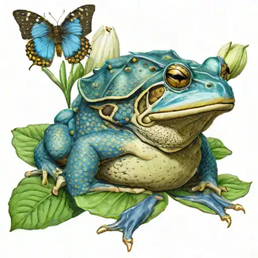 an american bullfrog wearing a crown sitting on a flower lily pad with a morpho menelaus butterfly standing on its nose tattoo design idea