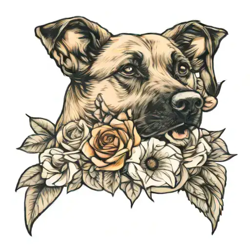 A realistic tattoo of a stunning floral arrangement with a Belgian Malinois perched on top, symbolizing the client's love for both gardening and their furry friend tattoo design idea
