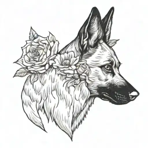 A traditional tattoo of a beautiful bouquet of flowers, with a hidden Belgian Malinois peeking out from behind the blooms tattoo design idea