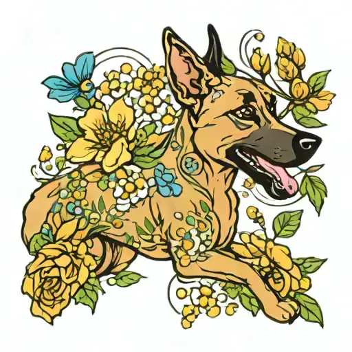 A new-school design featuring a whimsical garden scene with playful Belgian Malinois playing among the flowers tattoo design idea