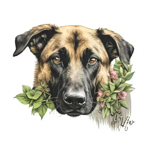 A realistic portrait of a Belgian Malinois surrounded by vibrant potted plants tattoo design idea