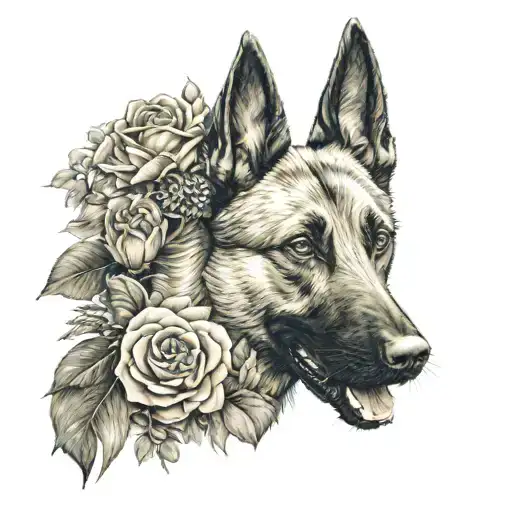 A realistic tattoo of a stunning floral arrangement with a Belgian Malinois perched on top, symbolizing the client's love for both gardening and their furry friend tattoo design idea