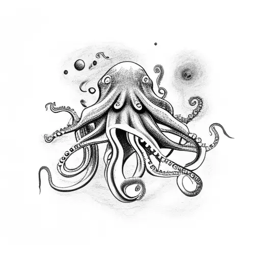 realistic octopus grabbing astronaut with tentacle while astronaut is abducted by mushroom ufo tattoo design idea