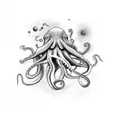 realistic octopus grabbing astronaut with tentacle while astronaut is abducted by mushroom ufo tattoo design idea