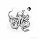 realistic octopus grabbing astronaut with tentacle while astronaut is abducted by mushroom ufo tattoo design idea