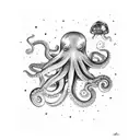 realistic octopus grabbing astronaut with tentacle while astronaut is abducted by mushroom ufo tattoo design idea