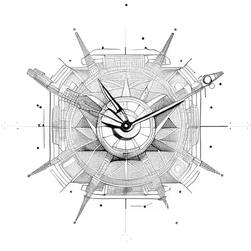 interstellar ship with clock tattoo design idea
