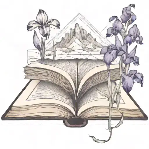open book with irises sprouting out of the open pages; it has mountains made of books in the background tattoo design idea