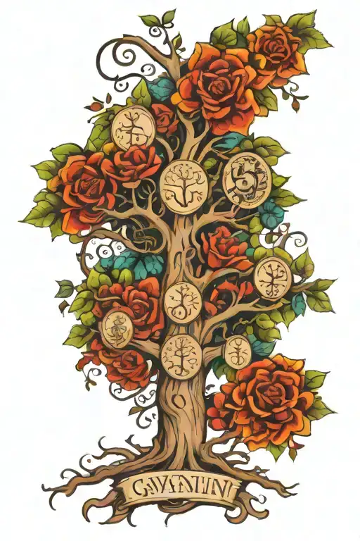 A traditional tattoo design of a family tree with intricate branches and leaves, incorporating the names of Giovanni, Damian, Kaylee, Jaylynn, Bradon, Landen, Julianna, Carter, Rosie, Oliver, Gladys, Carlos, Jose, Gage, Shaylyn tattoo design idea