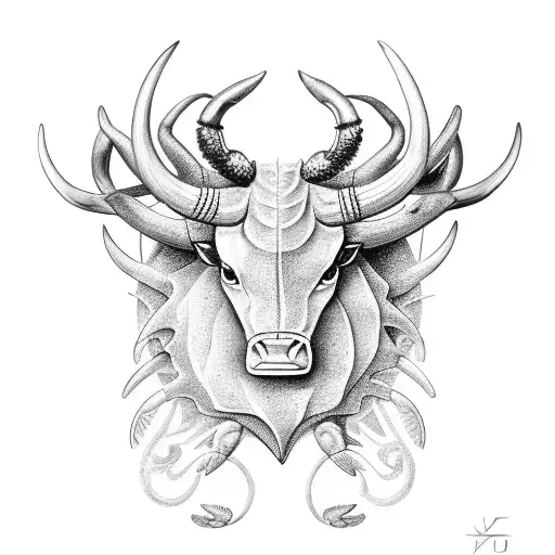 A taurus with horns with a crab above its head surronded by leaves tattoo design idea