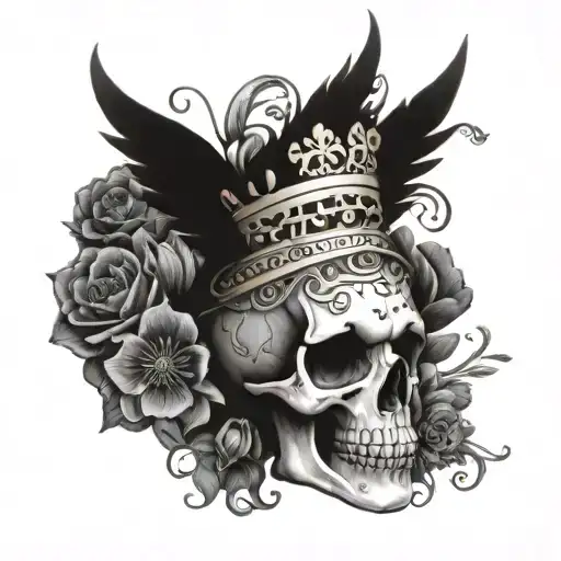 A festival scene with a skull wearing a crown of flowers and fairy wings tattoo design idea