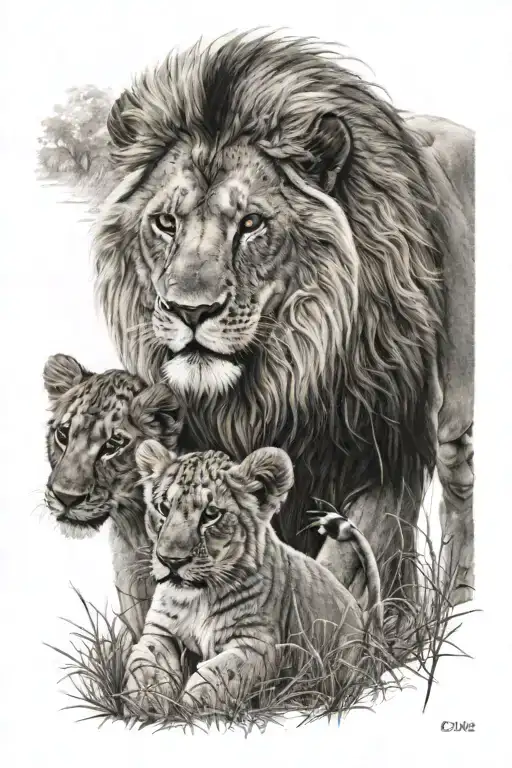 lion with 3 cubs playing in a field tattoo design idea