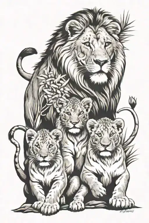 lion with 3 cubs tropical island tattoo design idea