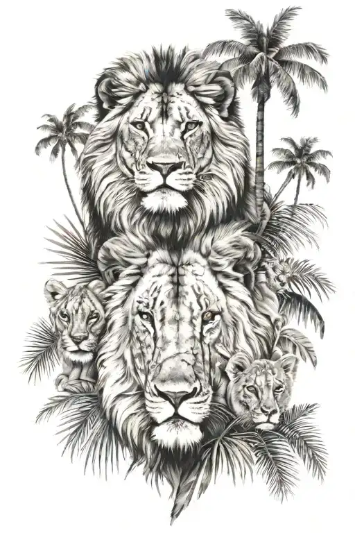 lion with 3 cubs palm trees tattoo design idea