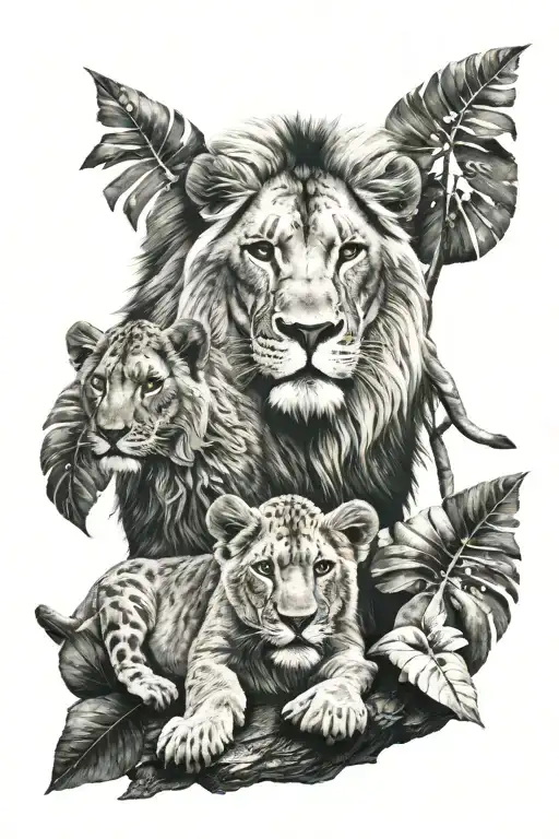 lion with 3 cubs tropical island tattoo design idea