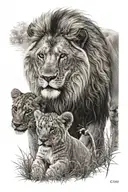 lion with 3 cubs playing in a field tattoo design idea