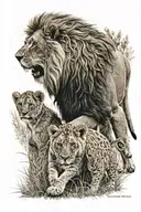 lion with 3 cubs playing in a field tattoo design idea