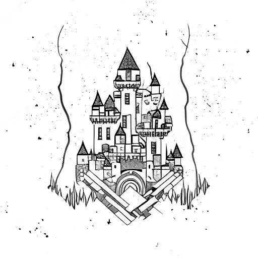 castle crumbling and shattered glass tattoo design idea