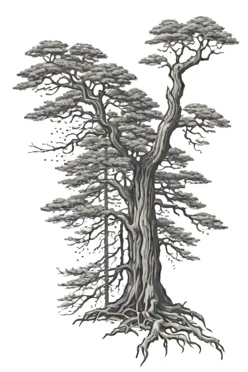 A tattoo design of a large redwood tree with intricate dotwork details, symbolizing strength and growth tattoo design idea